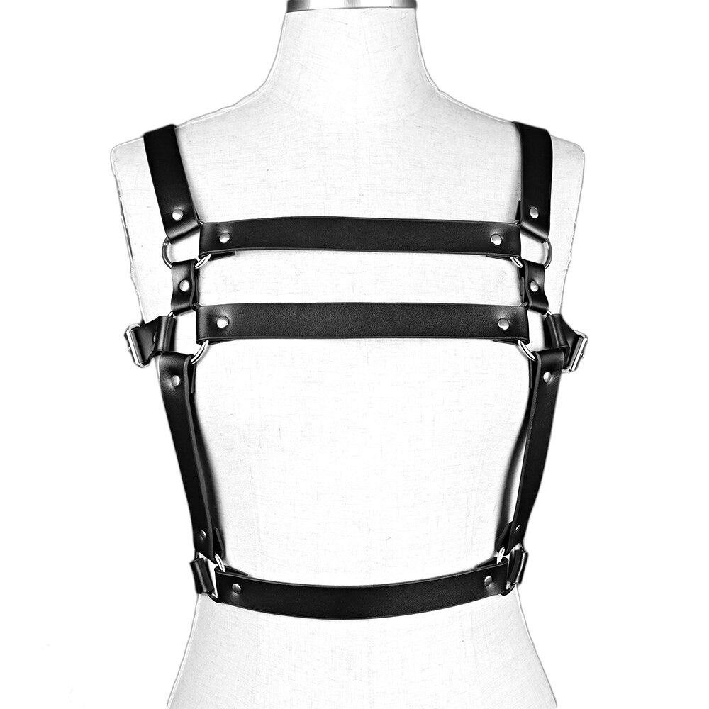 Black PU leather body harness featuring adjustable straps and metal buckles, perfect for goth or punk styles.