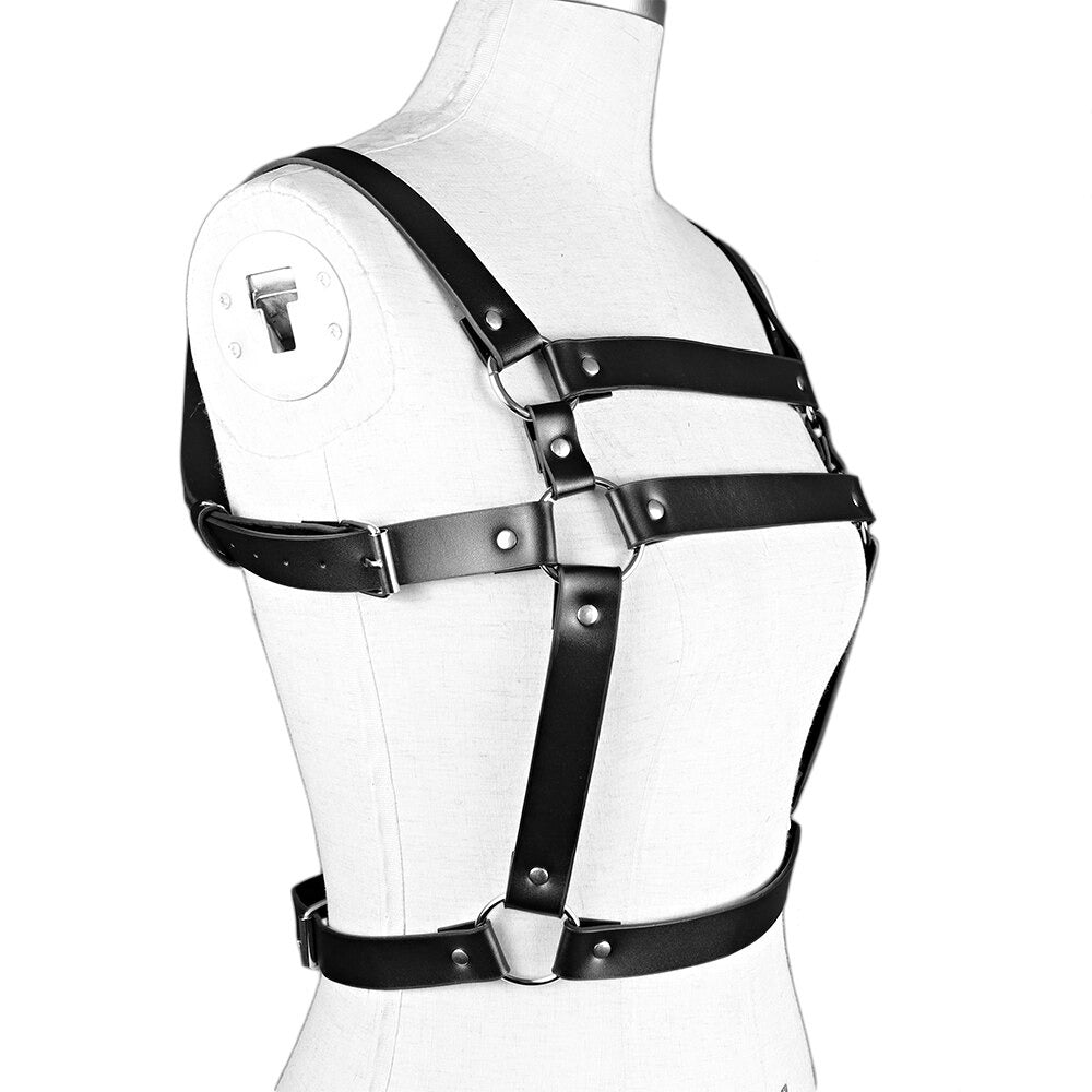 Black PU leather body harness with metal details, perfect for goth fashion and punk accessories.