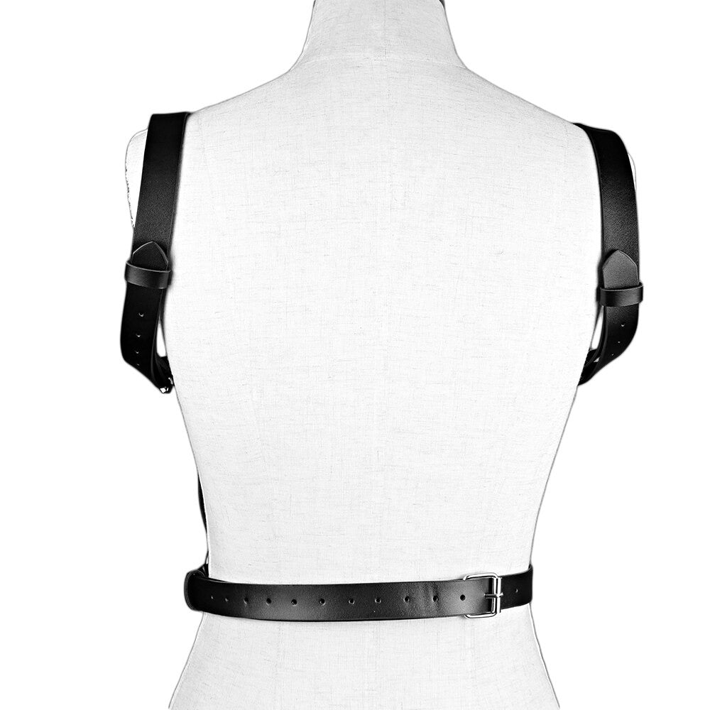 Black PU leather body harness showcasing straps and buckles, perfect for punk goth and BDSM style outfits.