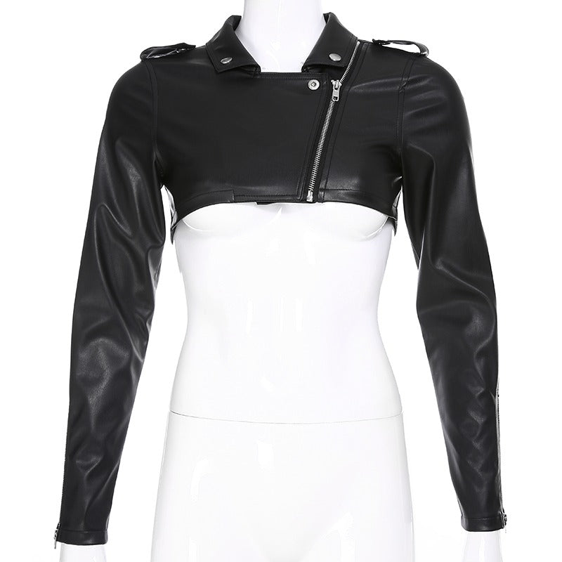 Black PU Leather Crop Jacket / Rocker Chick Wear / Long Sleeve Turn-Down Zipper Short Jacket - HARD'N'HEAVY