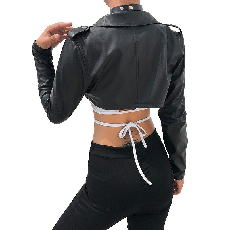 Black PU Leather Crop Jacket / Rocker Chick Wear / Long Sleeve Turn-Down Zipper Short Jacket - HARD'N'HEAVY