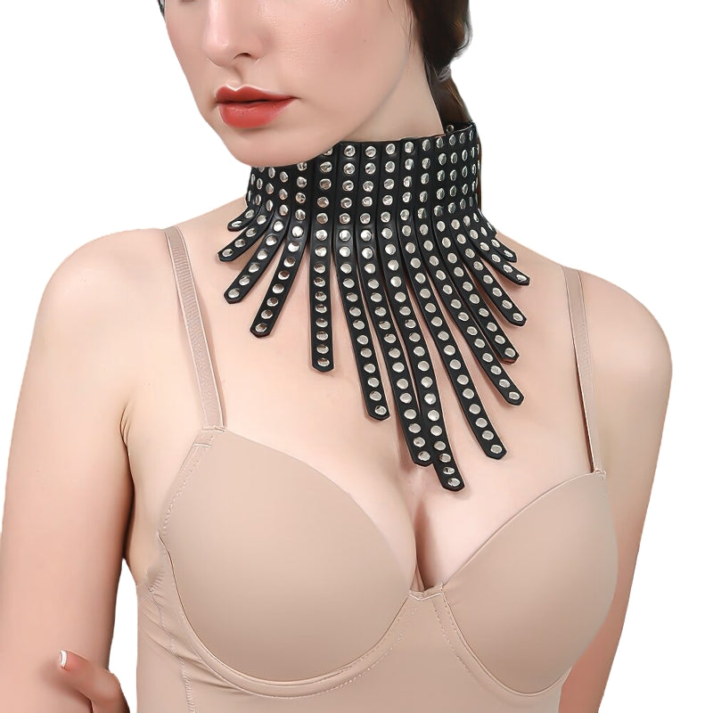 Black PU leather gothic choker with rivets, stylish bondage accessory for statement fashion.