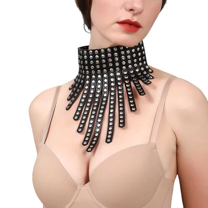 Black PU leather choker with rivets, showcasing edgy gothic style and daring design, perfect for parties and bold fashion statements.