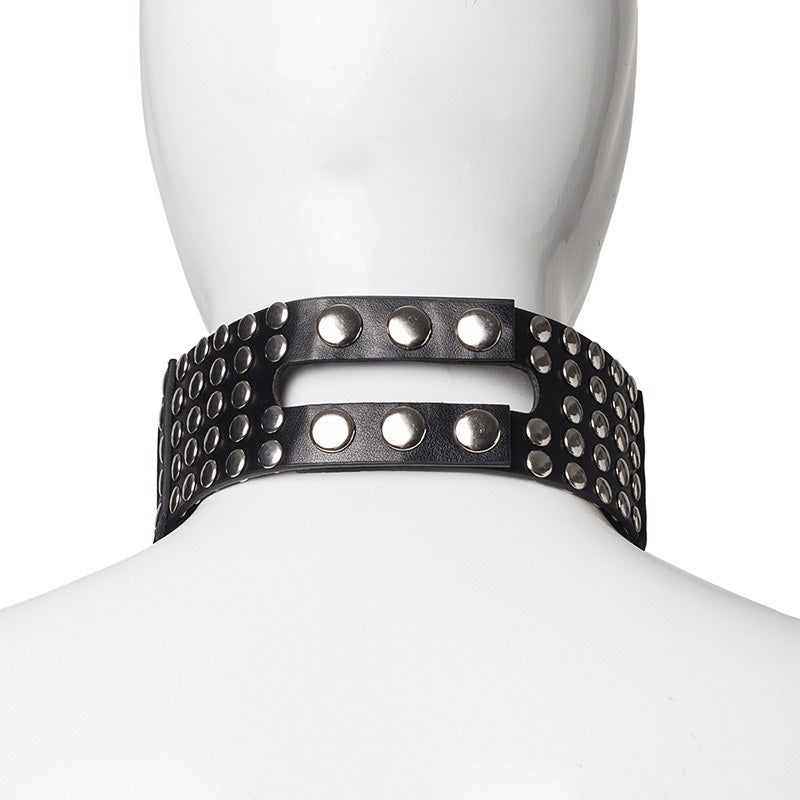 Back view of a black PU leather choker adorned with silver rivets, perfect for gothic and bondage style outfits.