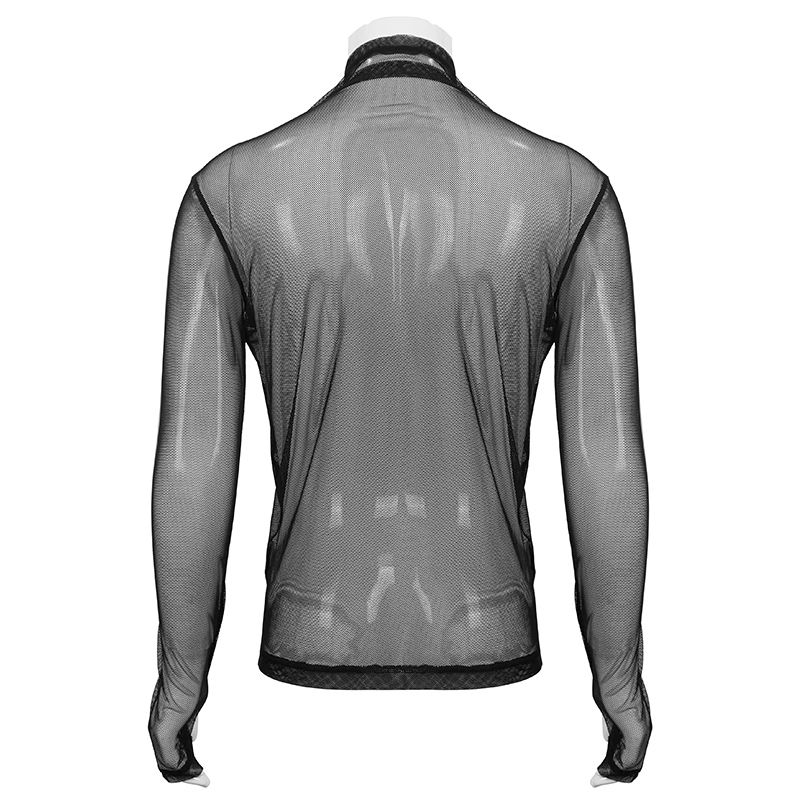 Black  Punk Net Transparent Long Sleeve Top for Men / Gothic Male Slim Fit Round Neck Tops - HARD'N'HEAVY