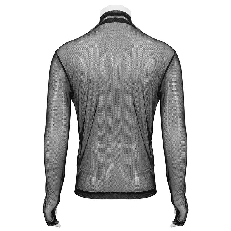 Back view of men's black punk mesh long sleeve top, showcasing a slim fit and stylish design for a gothic look.