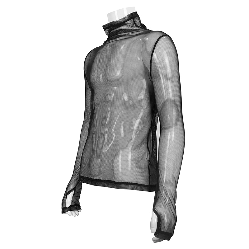 Men's black mesh long sleeve punk top showcasing a slim fit and transparent style for a trendy gothic look.