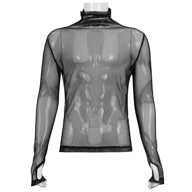 Men's black punk net long sleeve top showcasing a slim fit design with mesh fabric for comfort and style.