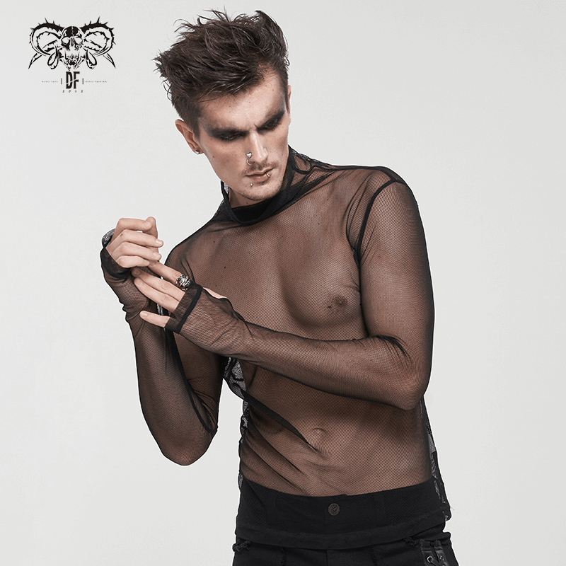 Stylish black punk mesh long sleeve top for men, showcasing a slim fit and unique Gothic fashion.