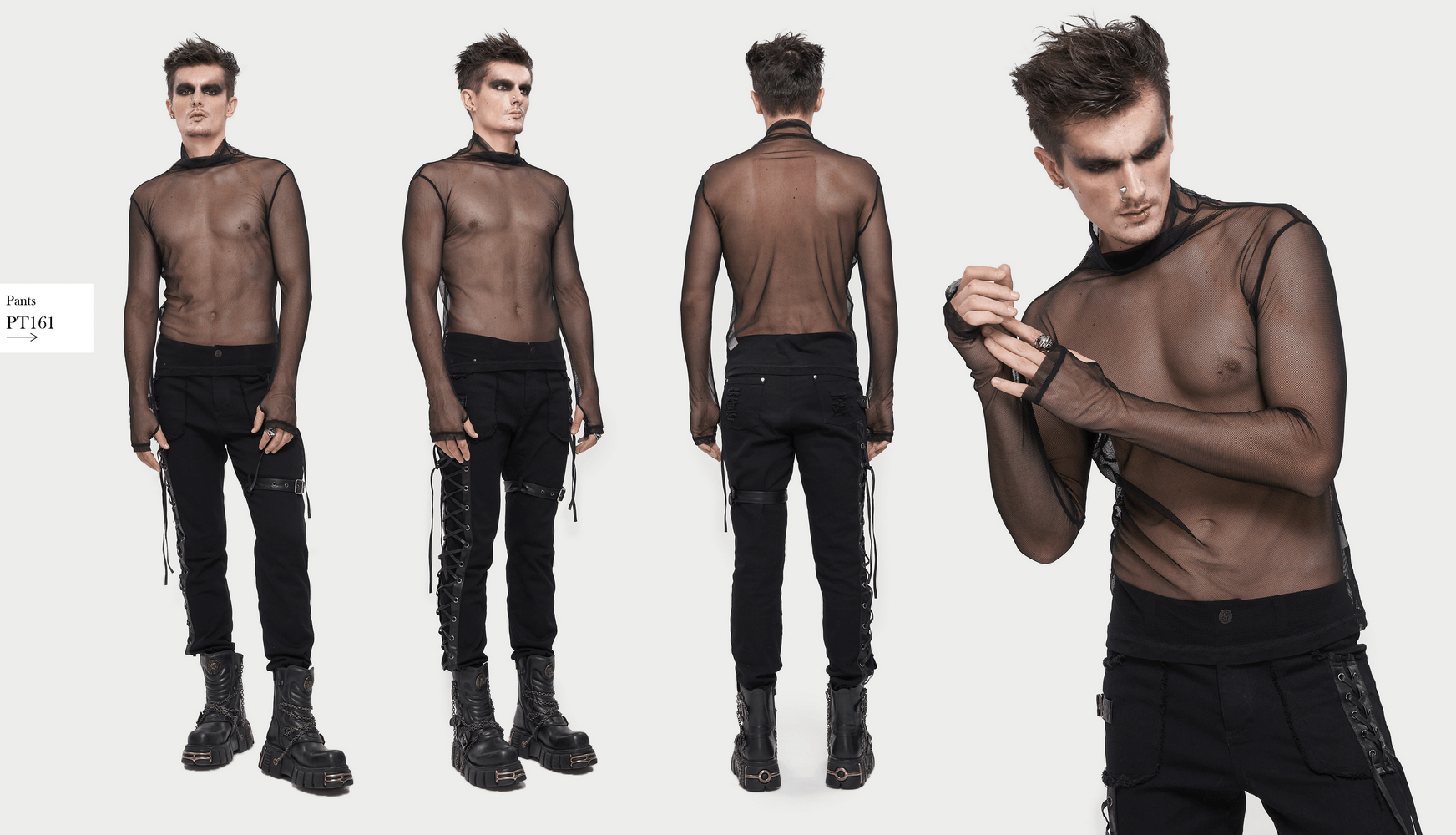 Men's black mesh long-sleeve top in punk style, showcasing a slim fit and edgy look, perfect for a gothic fashion statement.