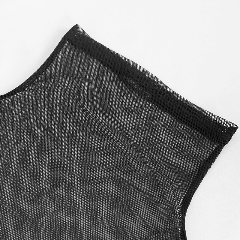 Close-up of the black punk mesh long sleeve top showcasing its transparent fabric and stylish design.