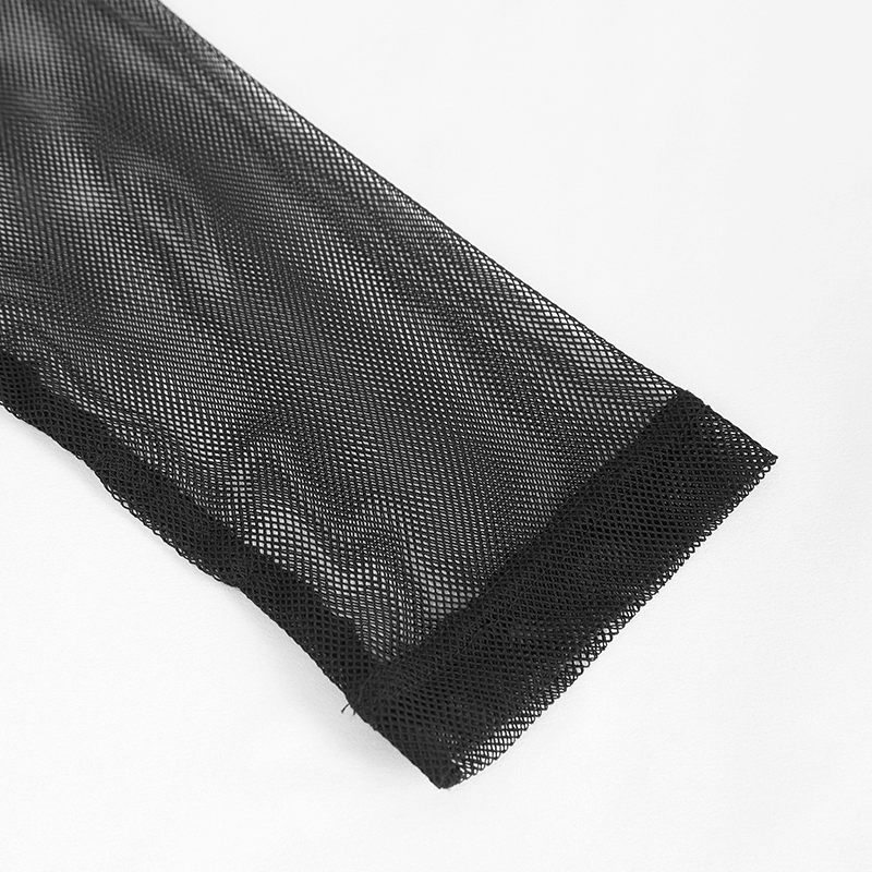 Close-up of black mesh fabric showcasing the transparent texture, perfect for punk style long-sleeve tops for men.