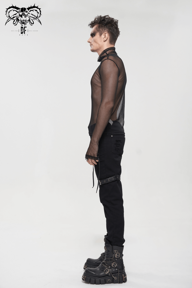 Side view of a man wearing a black punk mesh long sleeve top, showcasing a slim fit and edgy style.