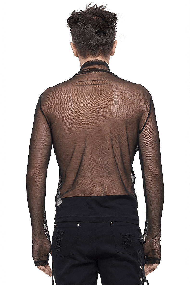 Men's black punk mesh long sleeve top, showcasing its stylish back view in a slim fit design ideal for gothic fashion.