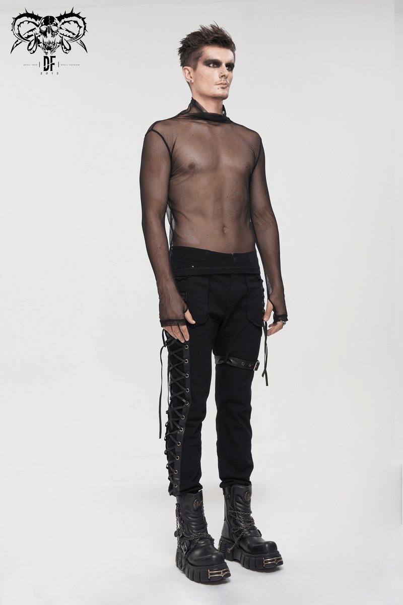 Stylish black punk mesh long sleeve top for men, showcasing a modern gothic look with fitted design.
