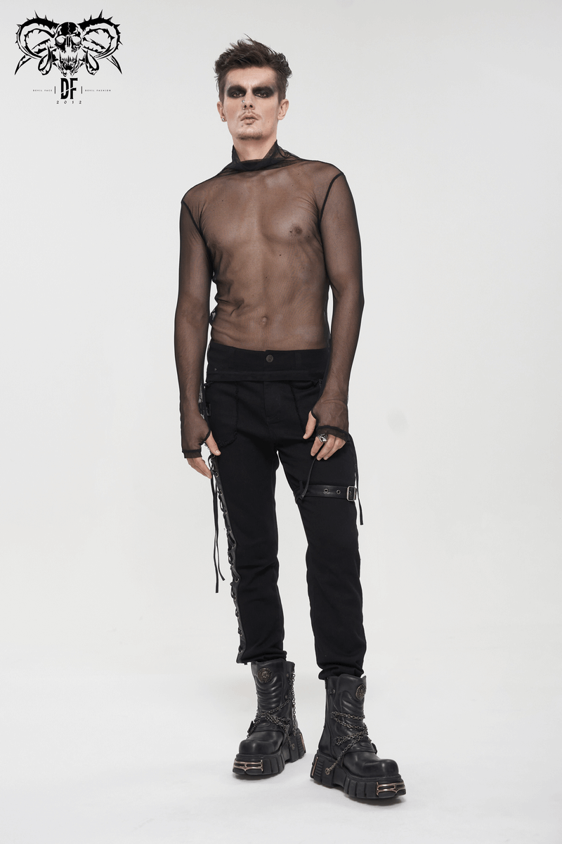 Men's black punk net long sleeve top with slim fit, styled with black pants and statement boots.