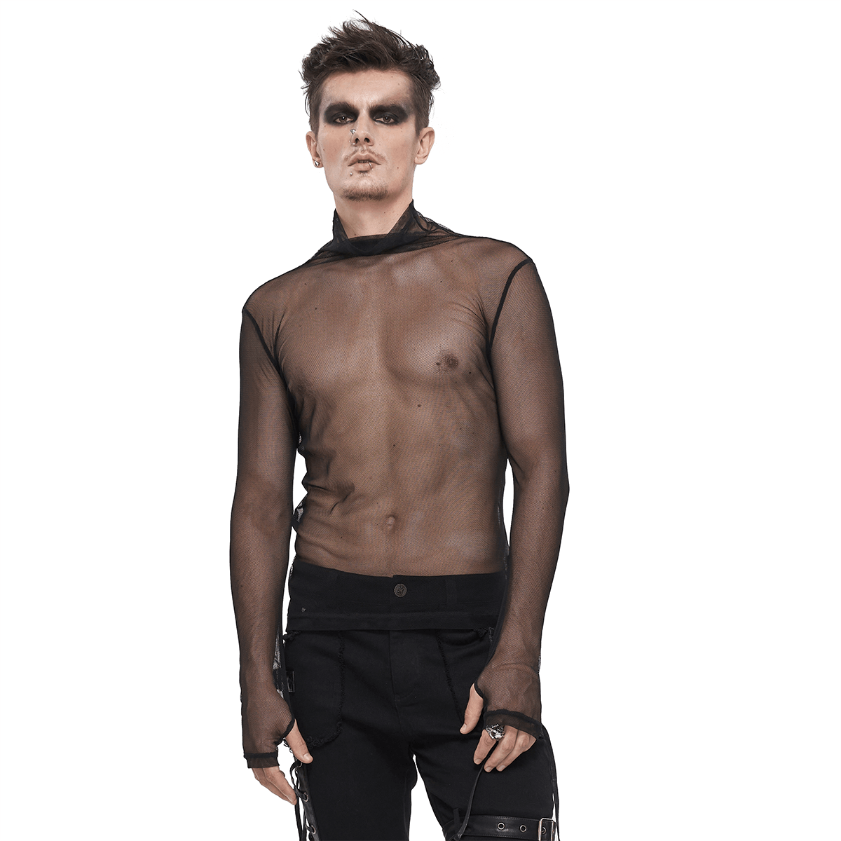 Black  Punk Net Transparent Long Sleeve Top for Men / Gothic Male Slim Fit Round Neck Tops - HARD'N'HEAVY