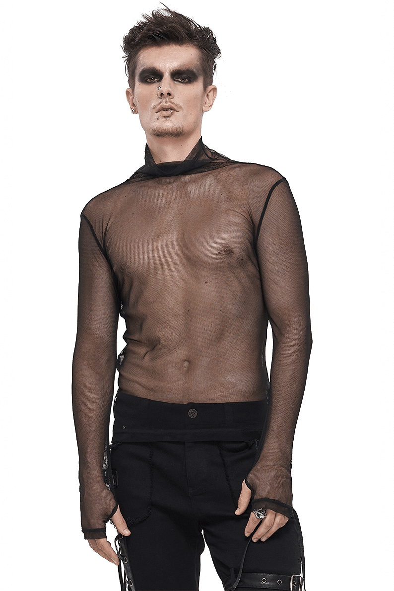 Men's black mesh long sleeve top in punk style, showcasing a slim fit and stylish gothic look.