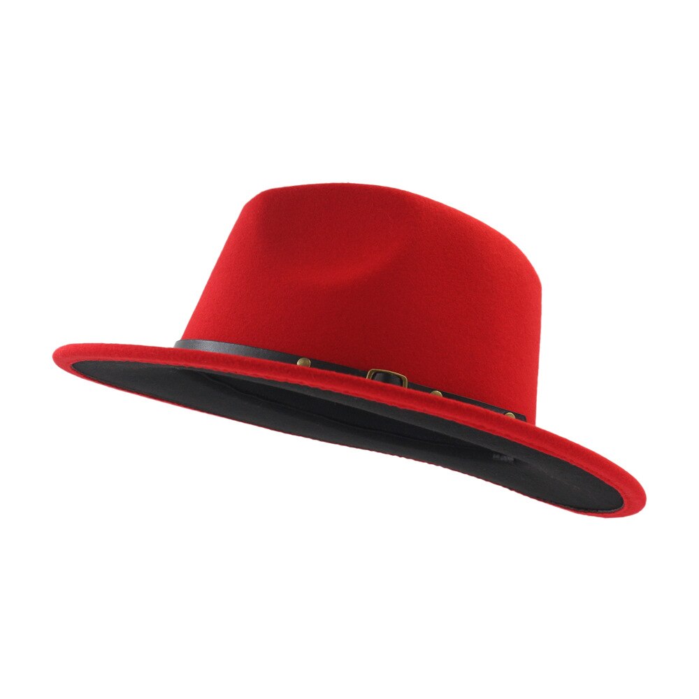 Vibrant black and red wool felt fedora with belt and buckle for a classy casual look in any season.