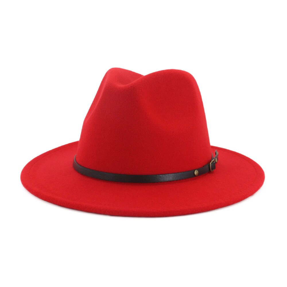 Stylish red wool felt fedora with black belt and buckle, perfect for a chic Rock and Roll look in any season.