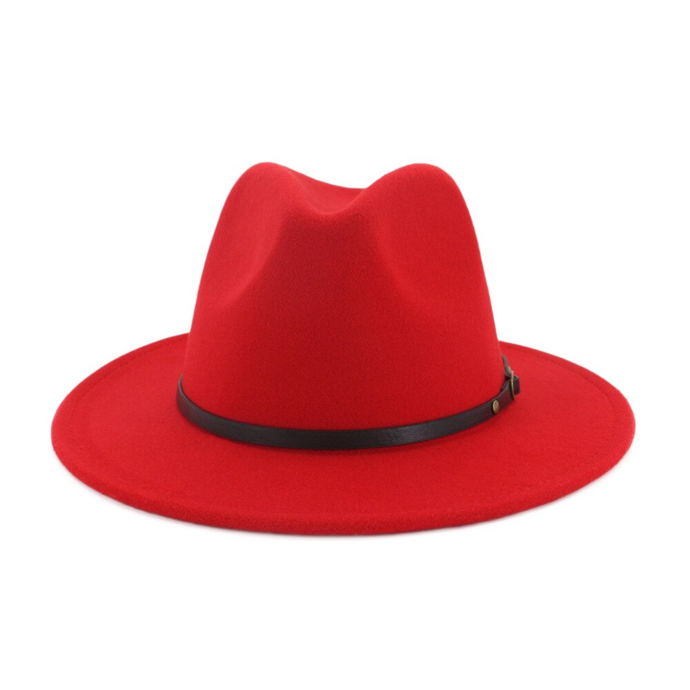 Vibrant red wool felt fedora with a black belt and buckle, perfect for casual looks in any season.