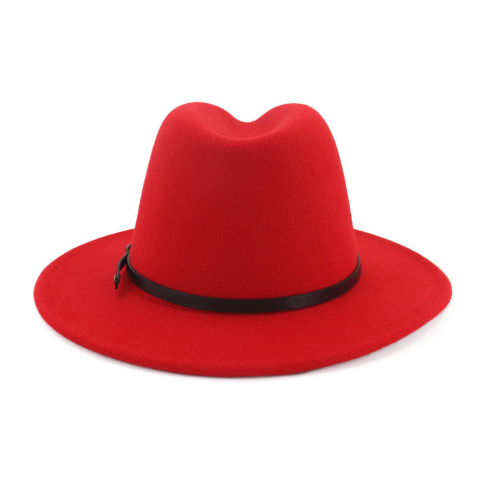 Vibrant red wool felt fedora with a classy black belt, perfect for any season and outfit.