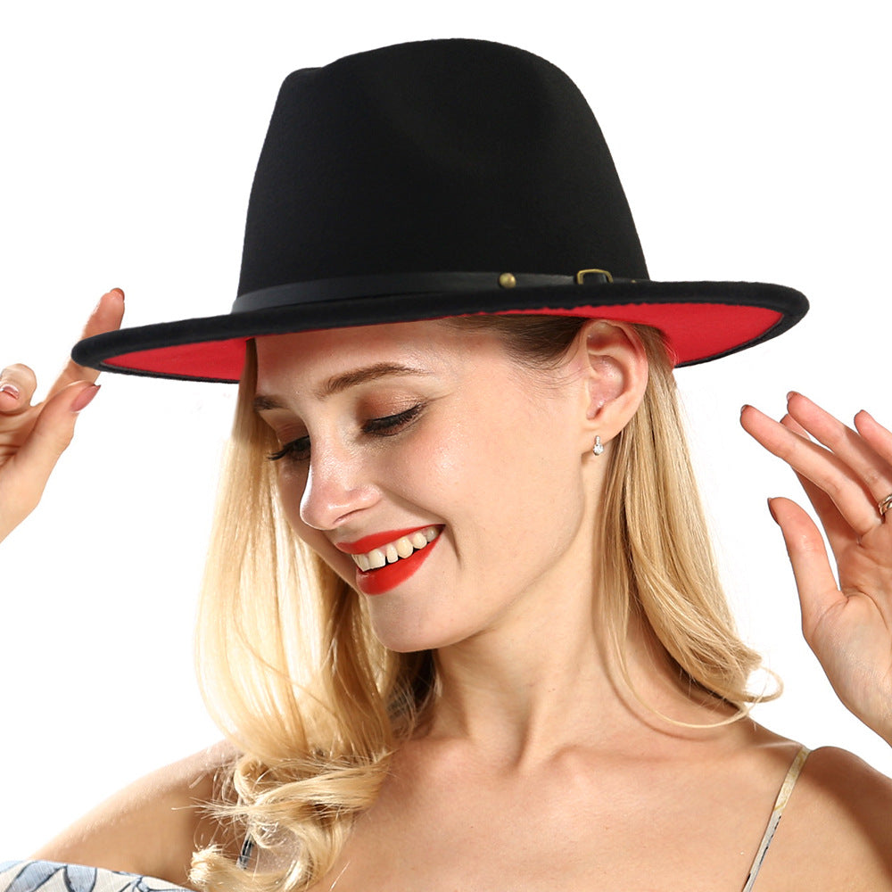 Rock and Roll Hats / Black & Red Wool Felt Fedora with Belt & Buckle / Men Women Wide Brim Cap - HARD'N'HEAVY
