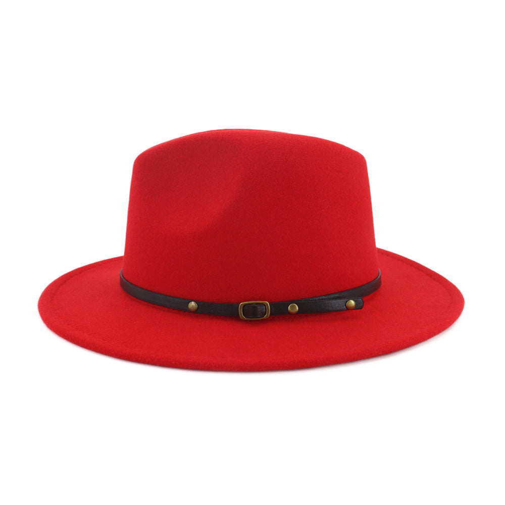 Vibrant red wool fedora with black belt and buckle, perfect for adding flair to any outfit.