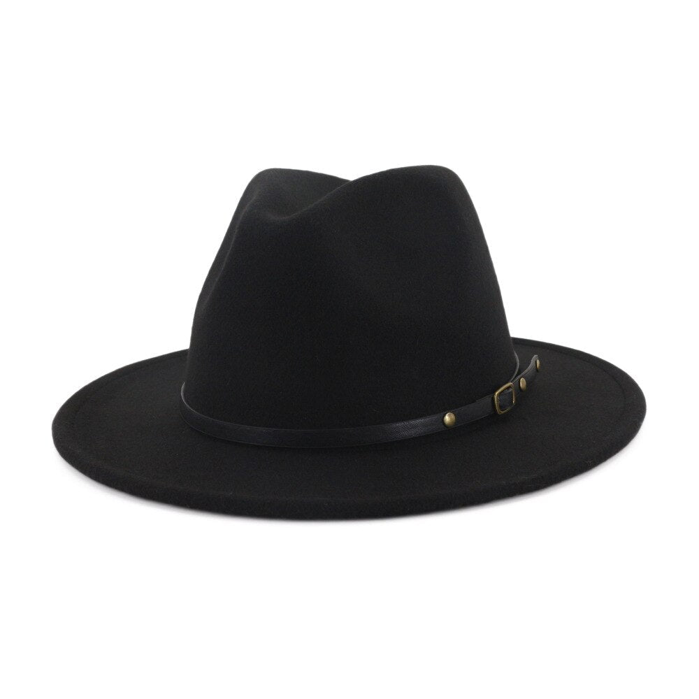Stylish black wool felt fedora hat with a thin belt and buckle, perfect for any season and outfit.