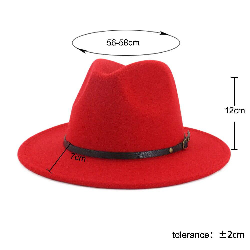 Red wool fedora hat with a black belt and buckle, dimensions shown for the perfect fit.