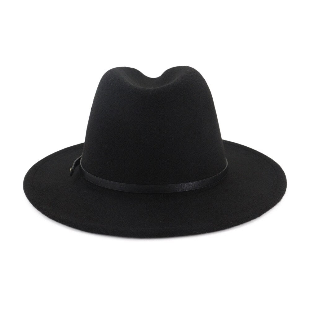 Black wool felt fedora hat with a sleek black band, perfect for casual outfits and all seasons.