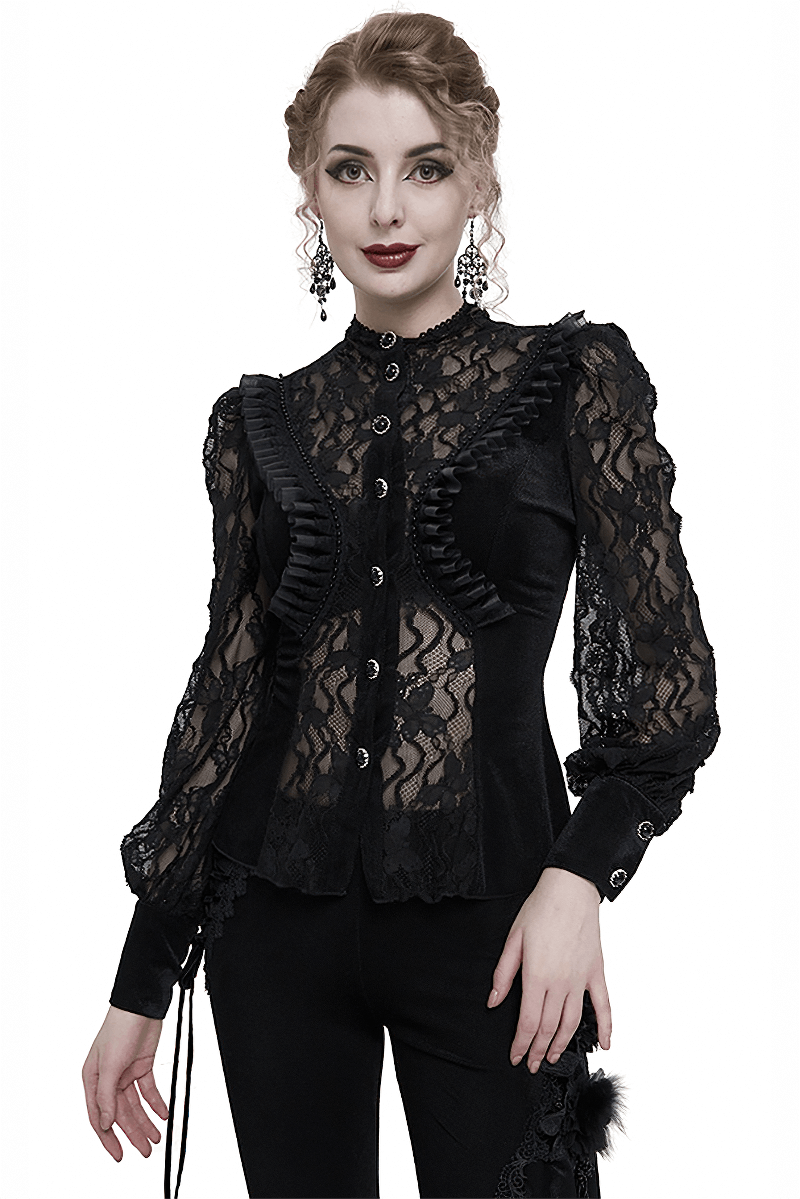 Elegant black lace ruffle long sleeves shirt for women, featuring gothic style and stand collar design.