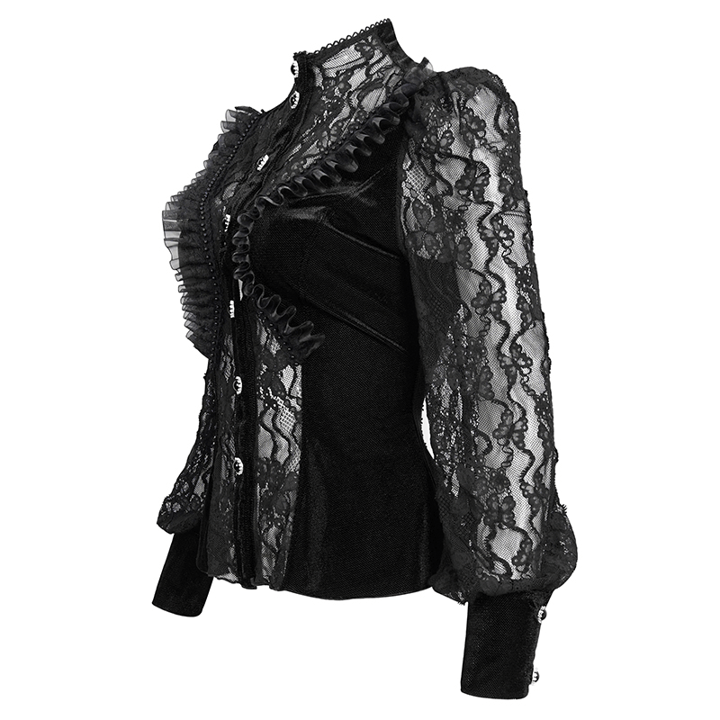 Women's black velvet blouse with lace ruffled sleeves, gothic style, perfect for a stylish wardrobe.