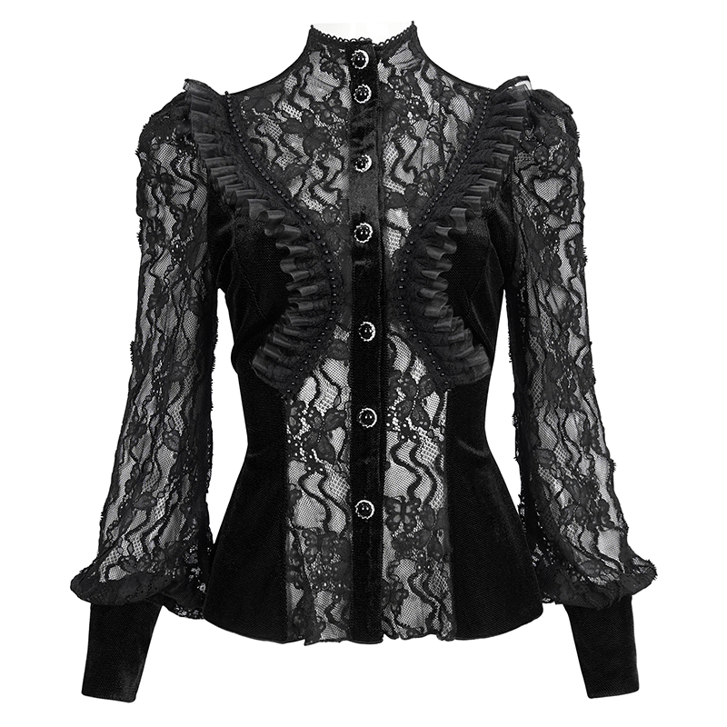 Elegant black velvet blouse for women with lace ruffled sleeves and stand collar, perfect for gothic fashion.