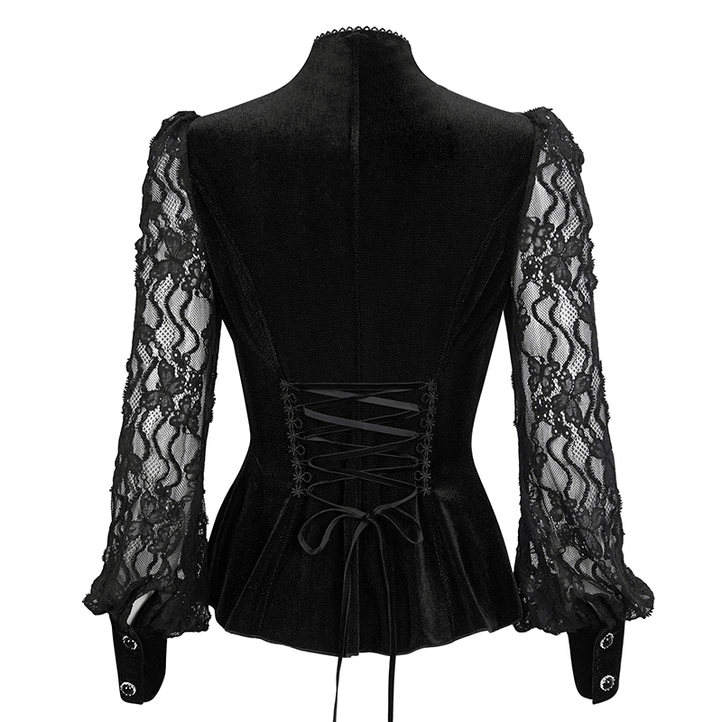 Back view of a women's black gothic velvet blouse with lace ruffled sleeves and lace-up detailing.