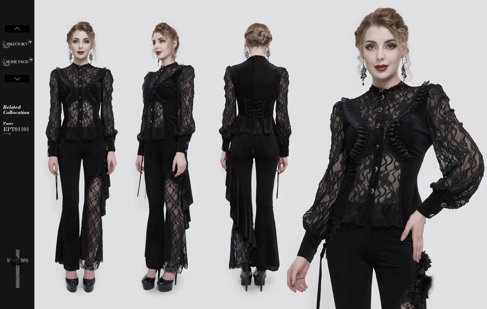 Elegant gothic black lace ruffle blouse for women, featuring long sleeves and a stylish stand collar.