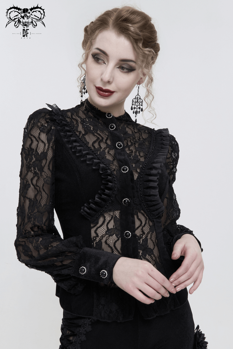 Black Sexy Lace Ruffle Long Sleeves Shirt for Women / Gothic Velvet Blouse with Stand Collar