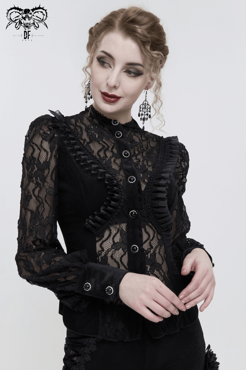 Women's gothic black velvet blouse with lace ruffled sleeves and buttons, perfect for a stylish look.