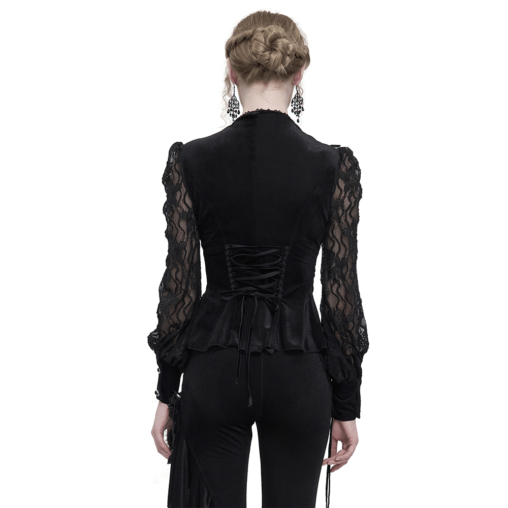 Black Sexy Lace Ruffle Long Sleeves Shirt for Women / Gothic Velvet Blouse with Stand Collar