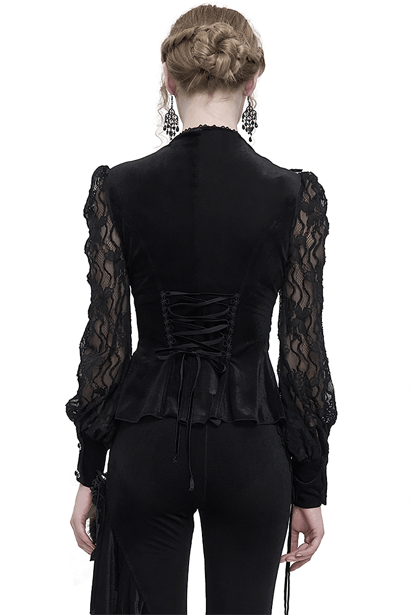 Back view of a women's black velvet blouse with lace ruffled sleeves, adding gothic elegance to any outfit.