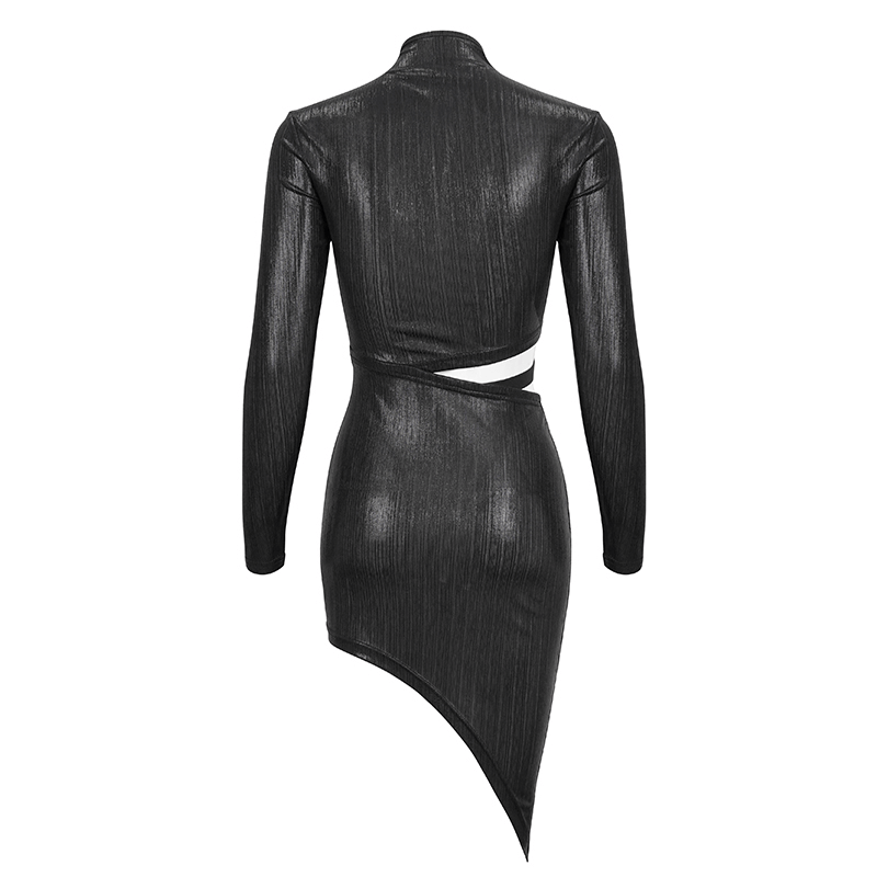 Back view of a black sexy long sleeve irregular dress for women in gothic style, showcasing a trendy asymmetrical design.