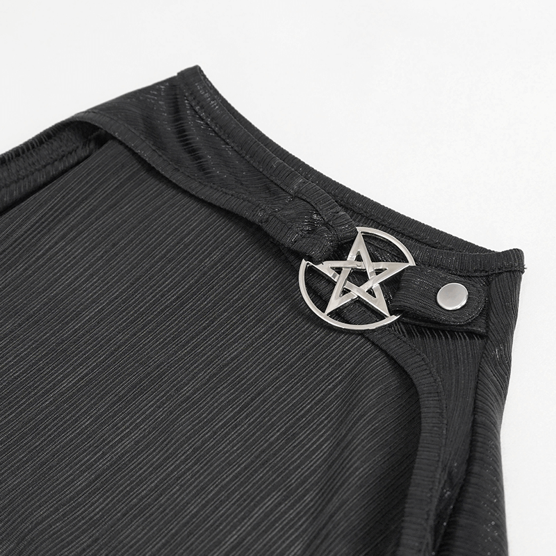 Close-up of the collar of a black gothic dress featuring a pentagram button embellishment.