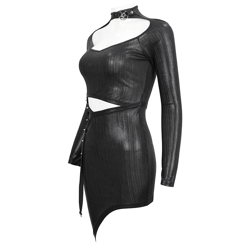 Black sexy long sleeve irregular Gothic dress showcasing a flattering slim cut and unique cutout design.