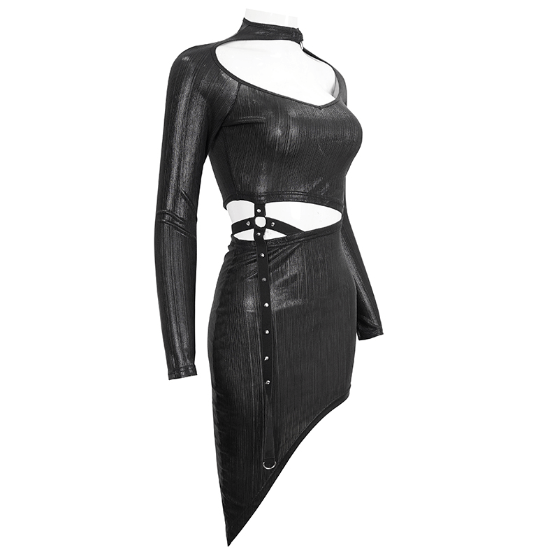 Black sexy long sleeve irregular dress for women with gothic cutout design and slim fit.