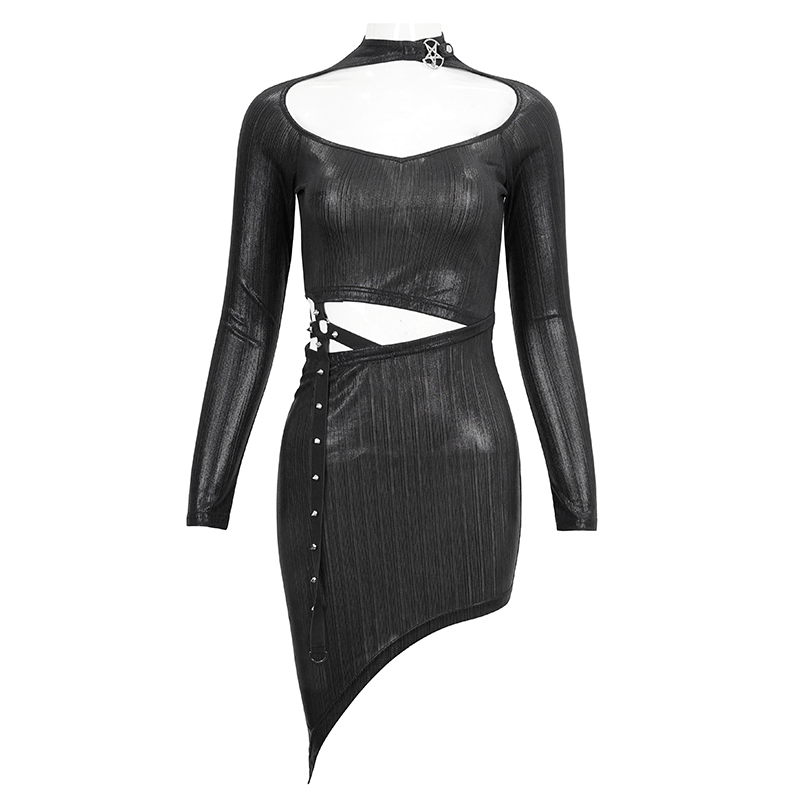 Black sexy long sleeve irregular gothic dress with cutout design and slim fit for women.