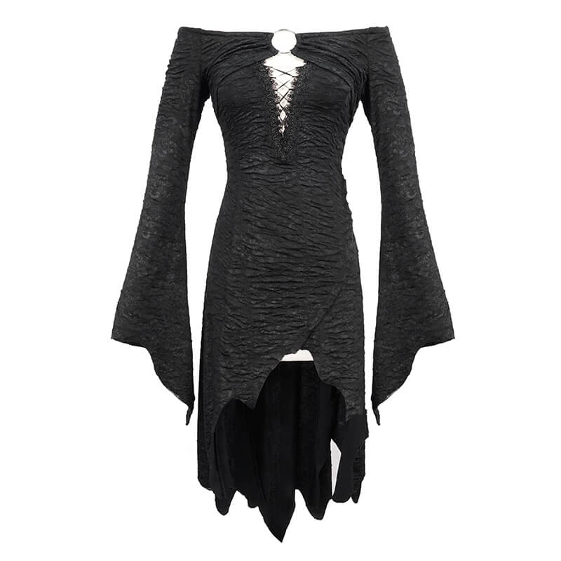 Black Sexy Off The Shoulder Irregular High Low Dress / Gothic Long and Flared Sleeves Dress - HARD'N'HEAVY