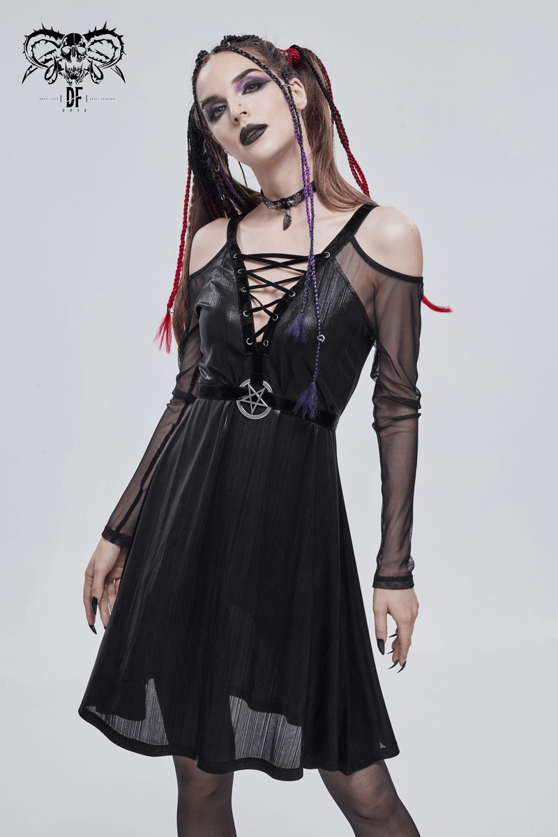 Black Sexy Off-The-Shoulder Long Sleeve Dress with Pentagram / Gothic Style Women's Clothing - HARD'N'HEAVY
