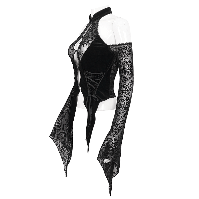 Black Sexy Open Shoulders Top for Women / Vintage Velvet  Long Sleeves Top with Halter Neck - HARD'N'HEAVY