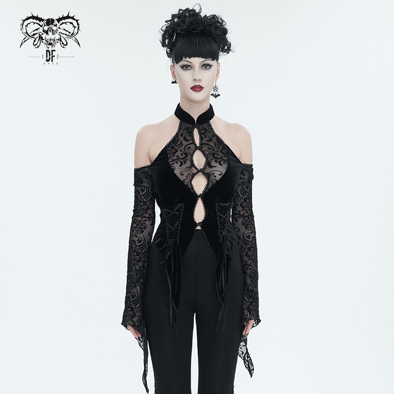 Black sexy open shoulders velvet top for women with long sleeves and halter neck, showcasing vintage charm and daring style.