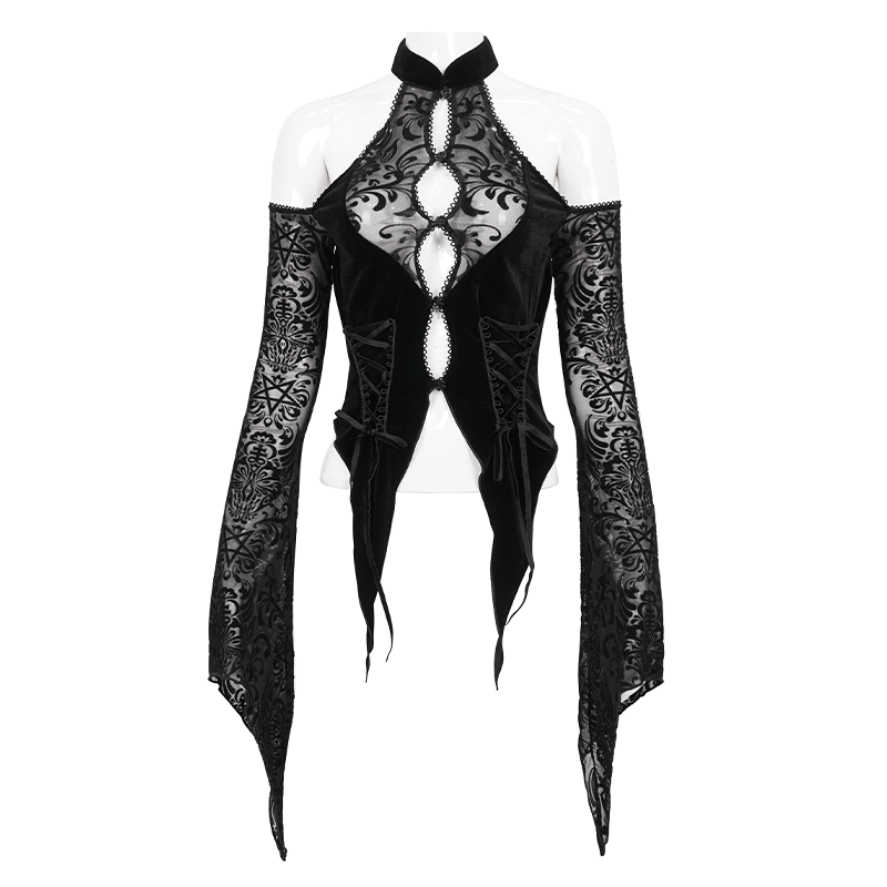 Black sexy vintage velvet top with open shoulders and long lace sleeves for women. Flirty and elegant fashion piece.